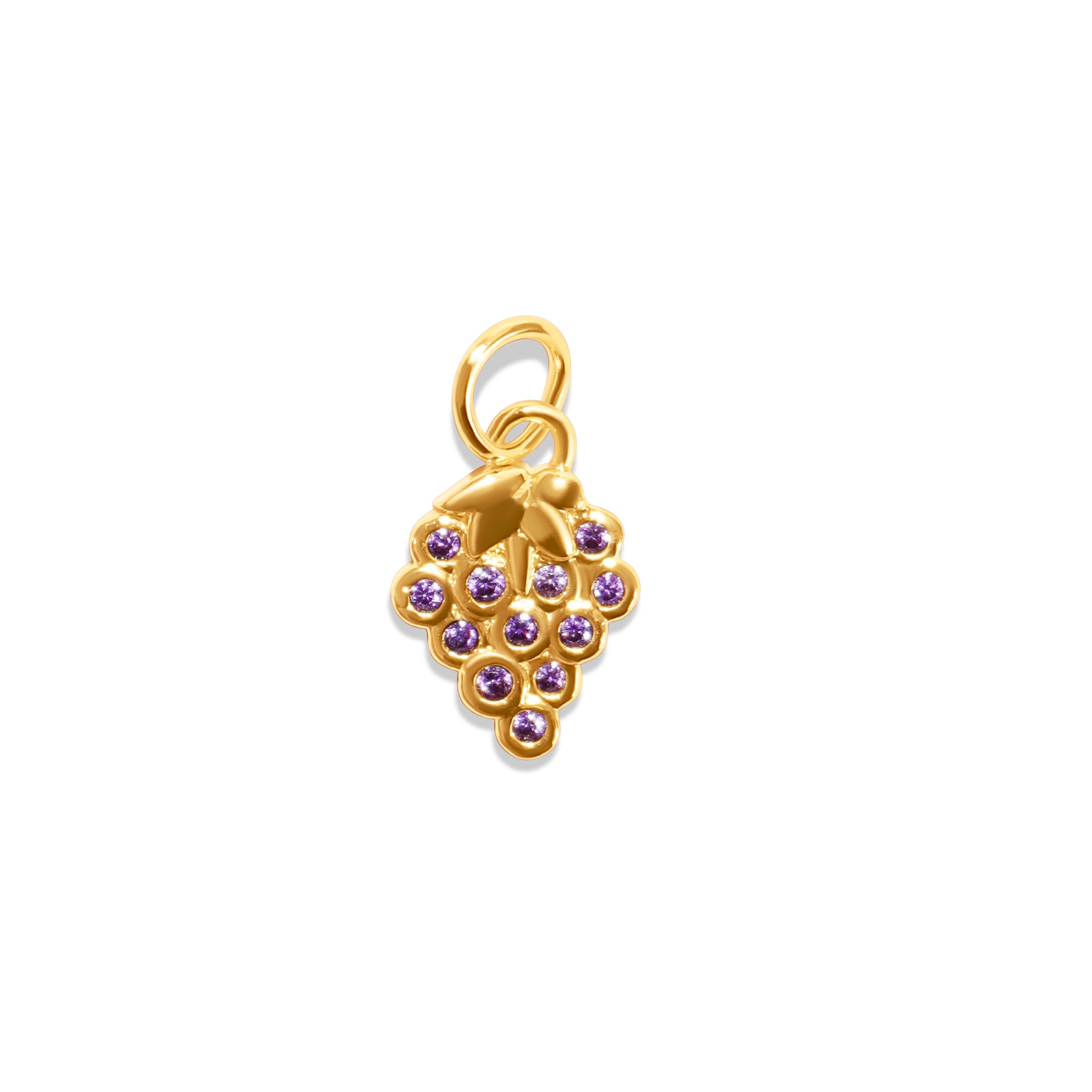 Charm in Form einer Weintraube – 18K vergoldeter Anhänger, violette Glaskristalle als Traubenbeeren aus Zirkonia.