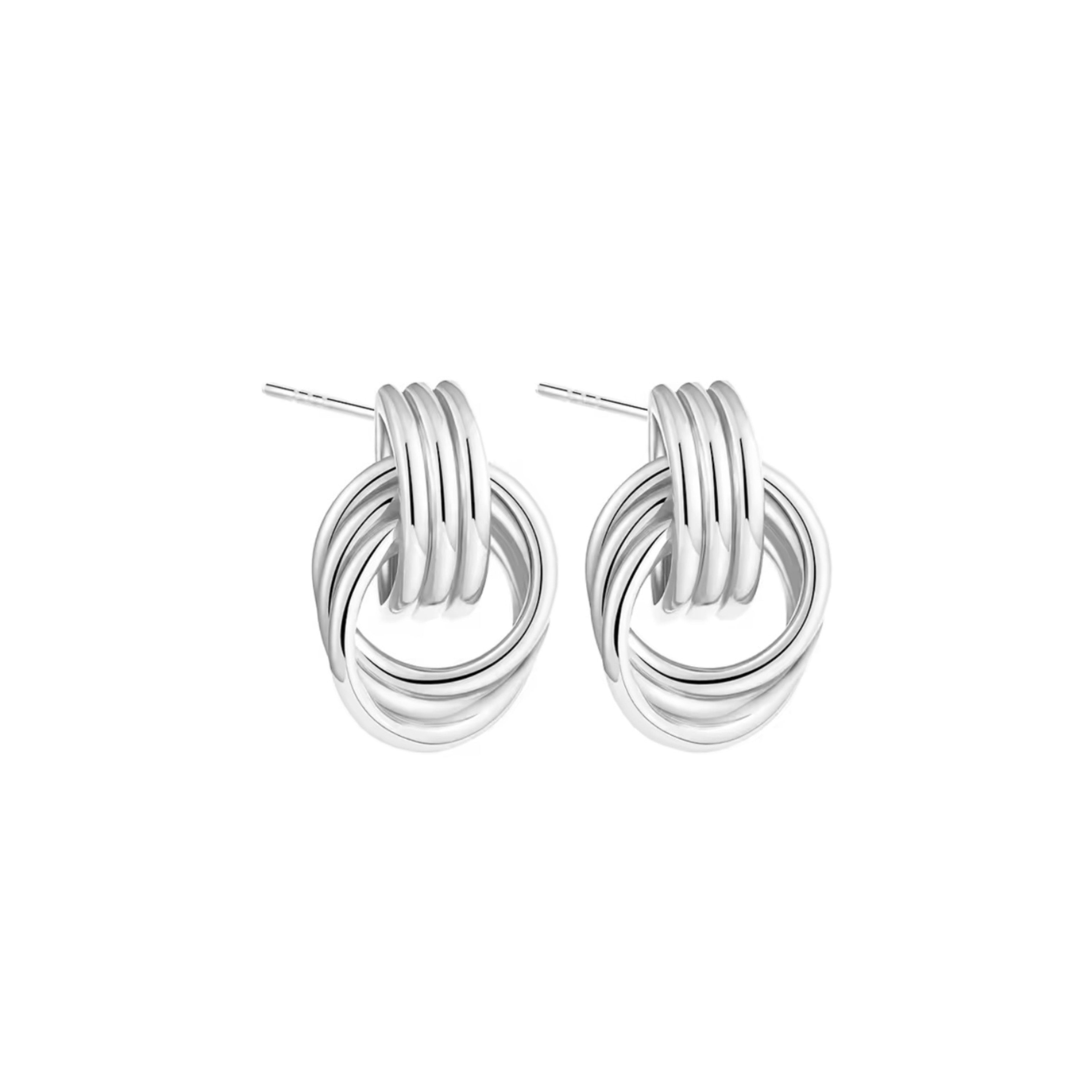 Auffällige Knoten-Ohrringe mit Steckverschluss aus poliertem Edelstahl in Silberoptik mit verschlungenem Design – markant und dennoch elegant.