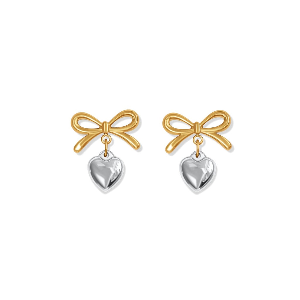 Romantische verspielte Schleifen Ohrringe mit silber Herz aus Edelstahl, 18k vergoldet. Silber Herz Anhänger. Bicolor Ohrringe 