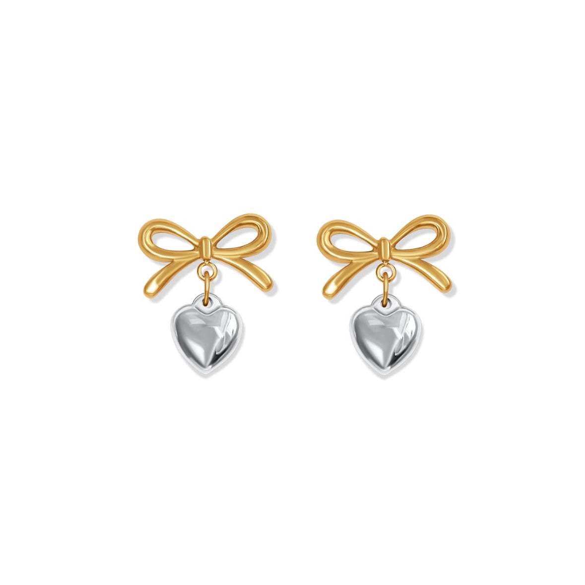 Romantische verspielte Schleifen Ohrringe mit silber Herz aus Edelstahl, 18k vergoldet. Silber Herz Anhänger. Bicolor Ohrringe 