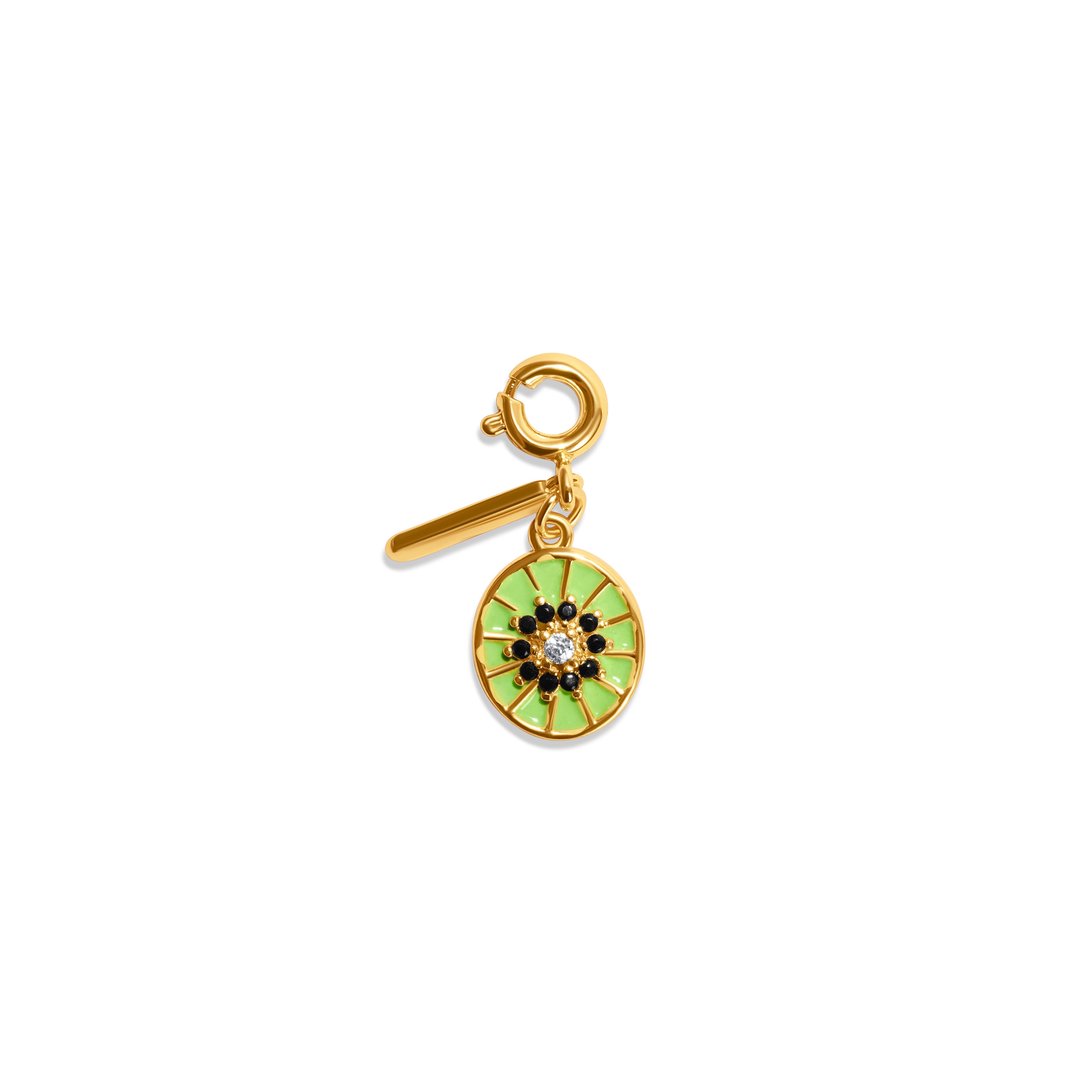 Runder Kiwi-Charm mit limettengrüner Emaille, schwarzen Zirkoniasteinen, in der Mitte ein heller funkelnder Zirkoniastein und 18K goldenem Rand – frischer, exotischer Akzent.