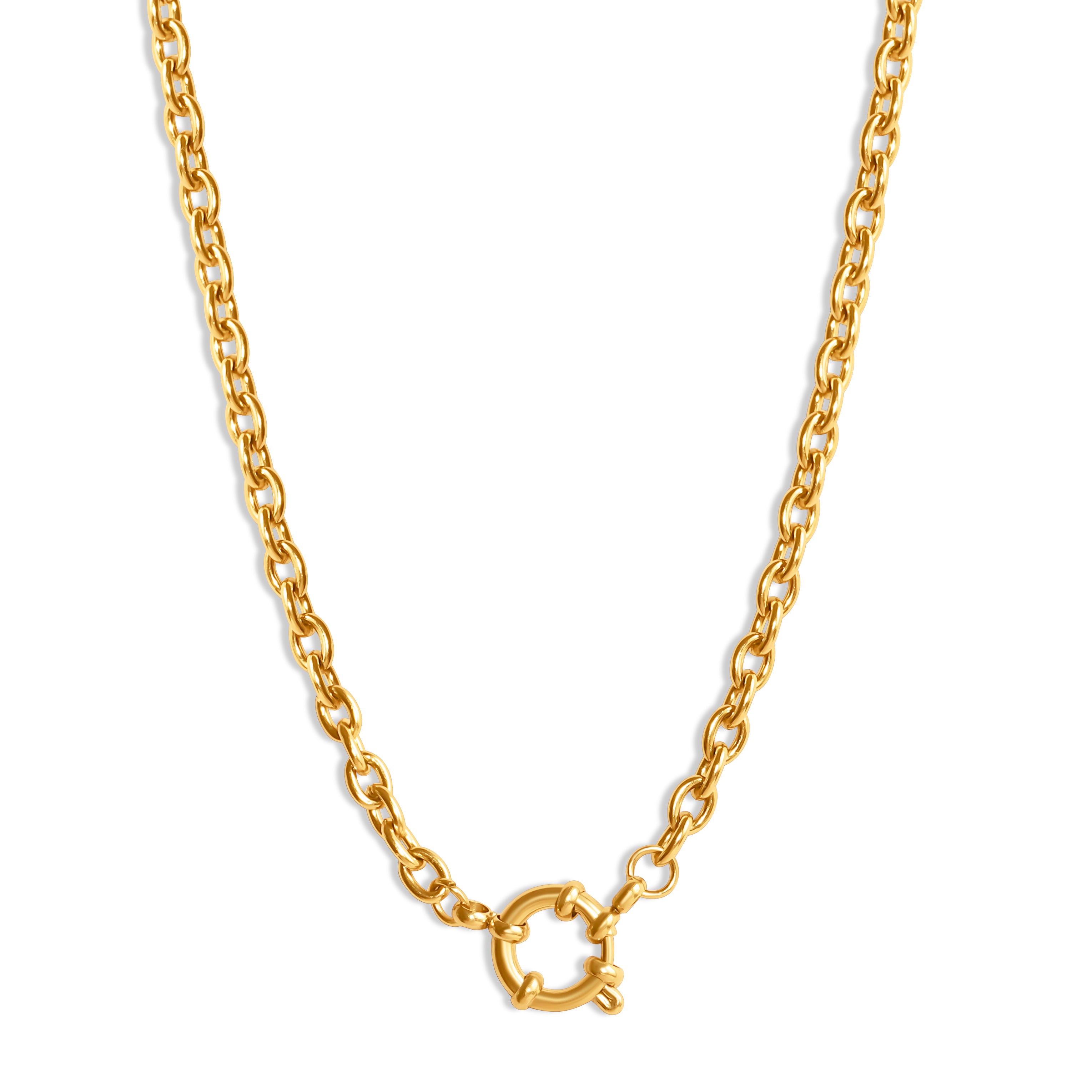 Charm-Kette mit feinen Gliedern und rundem Verschluss – 14K vergoldeter Edelstahl, eng gearbeitete Glieder, dekorativer runder Verschluss vorne zum Befestigen von Charms.