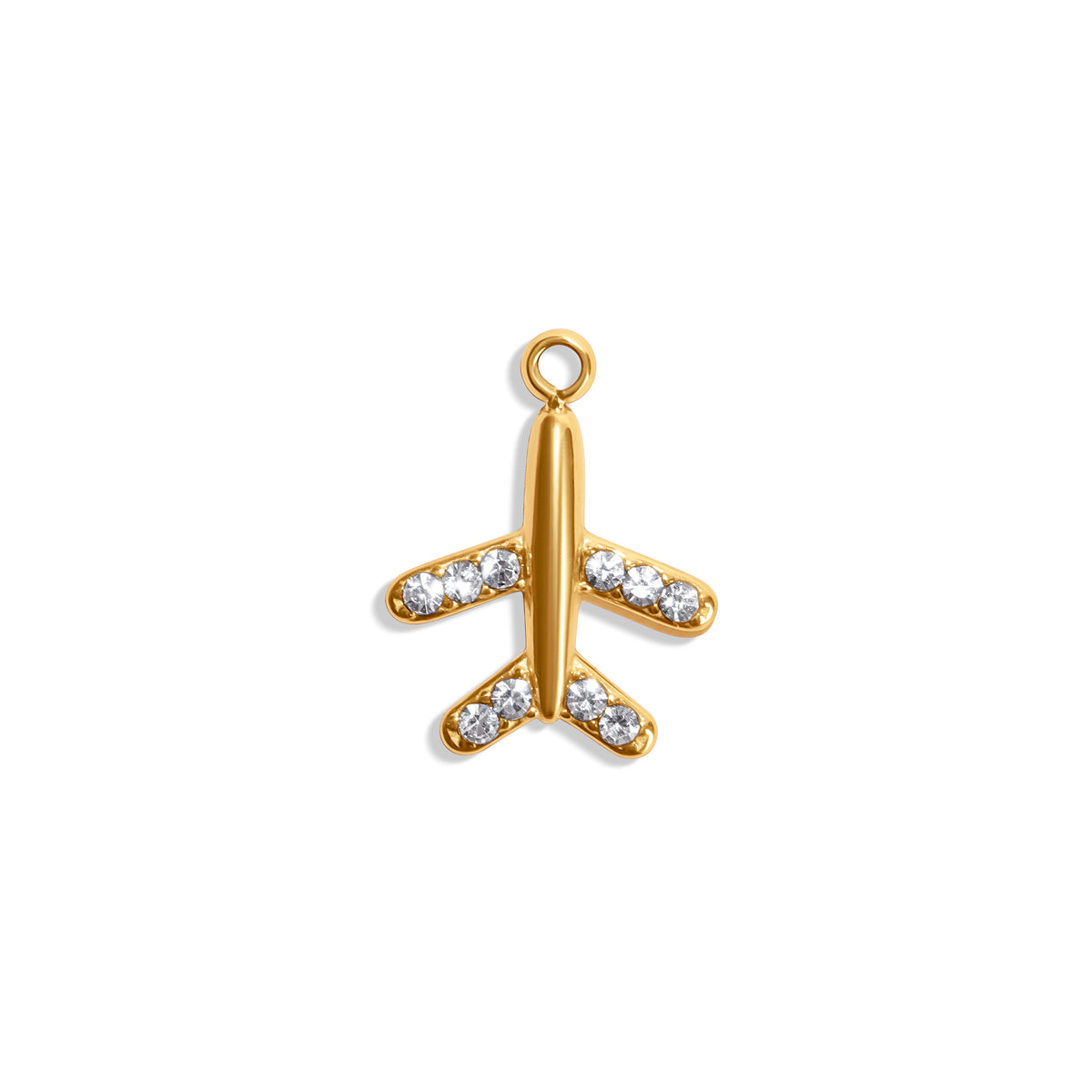 Flugzeug-Charm aus 18K vergoldetem Edelstahl mit klaren Zirkoniasteinen, Reise- und Abenteuer-Motiv.
