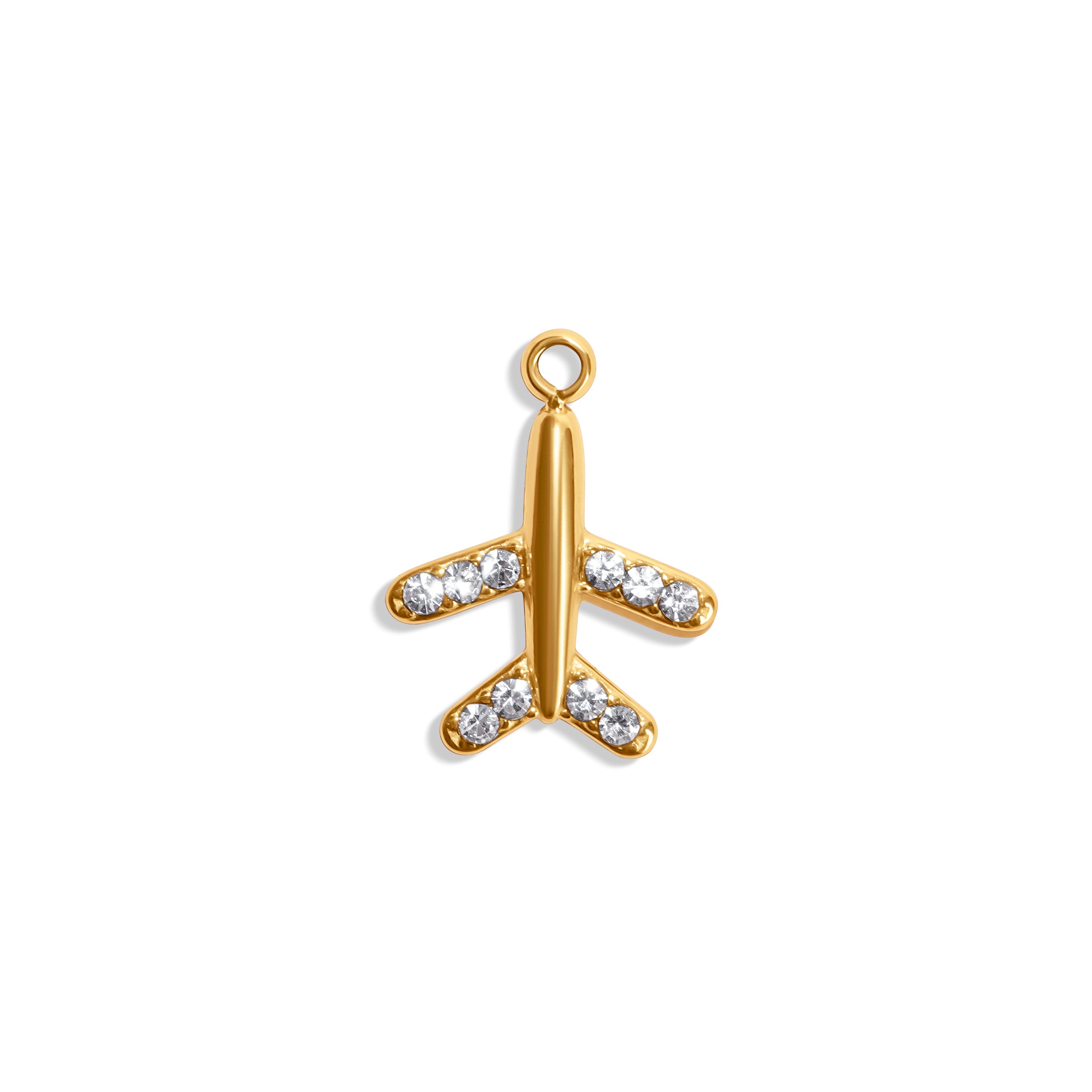 Flugzeug-Charm aus 18K vergoldetem Edelstahl mit klaren Zirkoniasteinen, Reise- und Abenteuer-Motiv.
