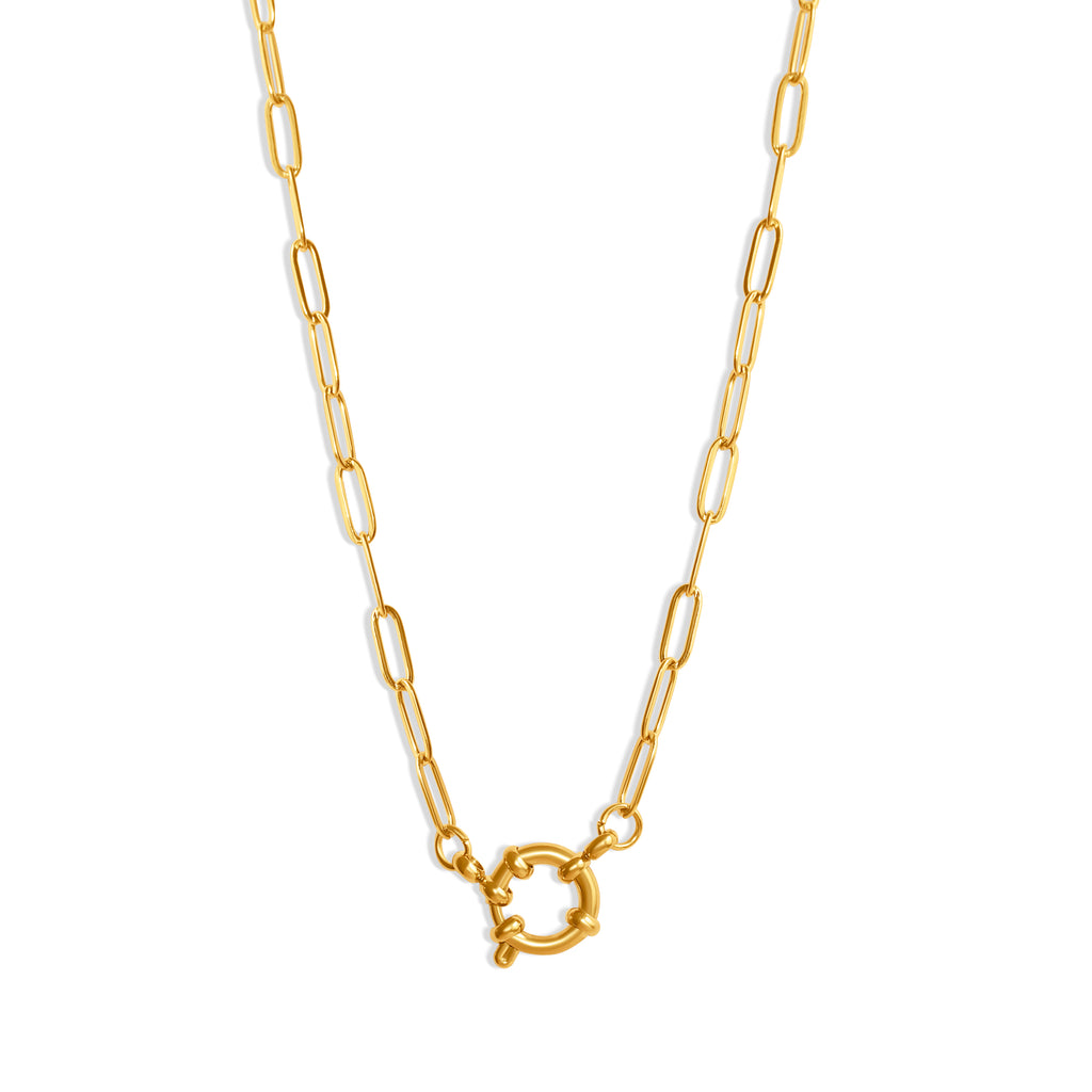 Charm-Gliederkette mit rundem Verschluss – 14K vergoldeter Edelstahl, mittelgroße rechteckige Glieder, dekorativer runder Verschluss vorne zum Anbringen von Charms.