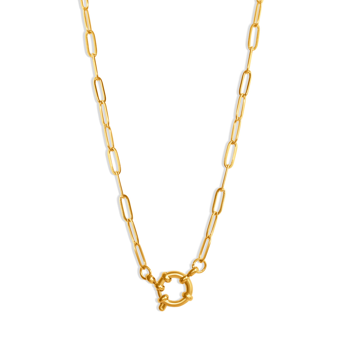 Charm-Gliederkette mit rundem Verschluss – 14K vergoldeter Edelstahl, mittelgroße rechteckige Glieder, dekorativer runder Verschluss vorne zum Anbringen von Charms.