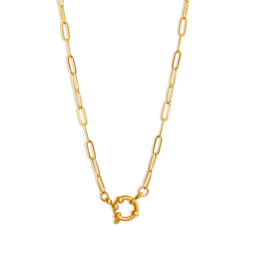 Charm-Gliederkette mit rundem Verschluss – 14K vergoldeter Edelstahl, mittelgroße rechteckige Glieder, dekorativer runder Verschluss vorne zum Anbringen von Charms.