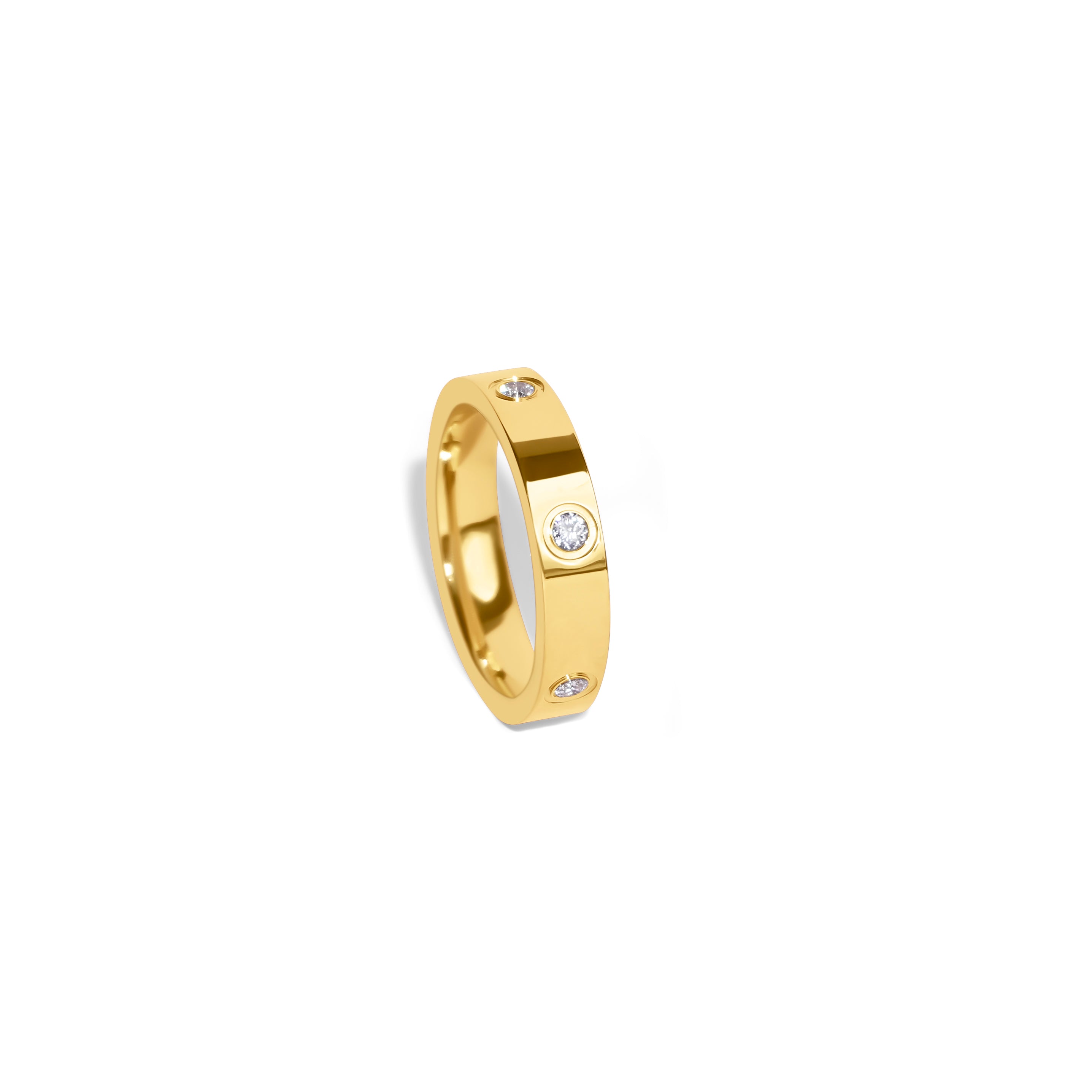 Schmaler 18k vergoldeter Edelstahl-Ring mit funkelnden Zirkonia-Steinen und goldener Vergoldung.