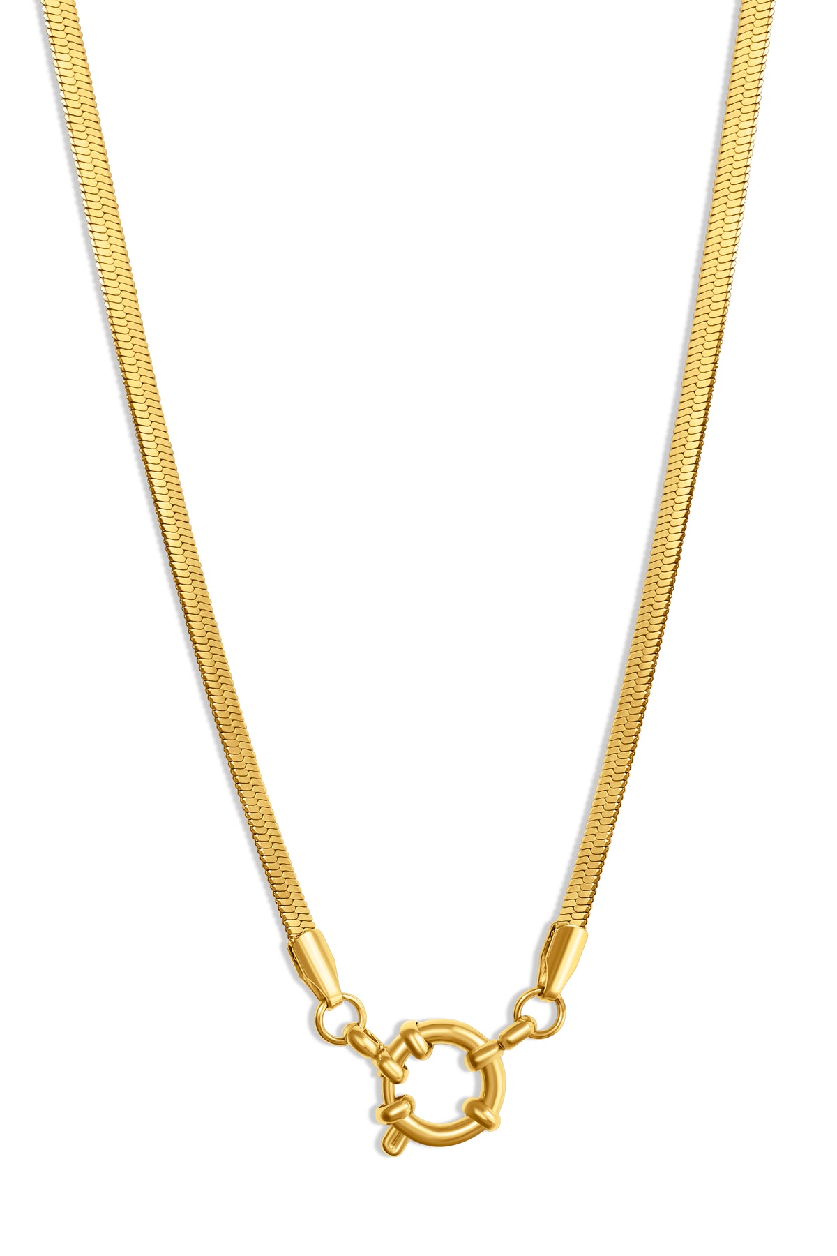 Charm-Schlangenkette mit rundem Verschluss – 14K vergoldeter Edelstahl, glatte, flach anliegende Struktur, dekorativer runder Verschluss vorne, ideal für Charms geeignet.