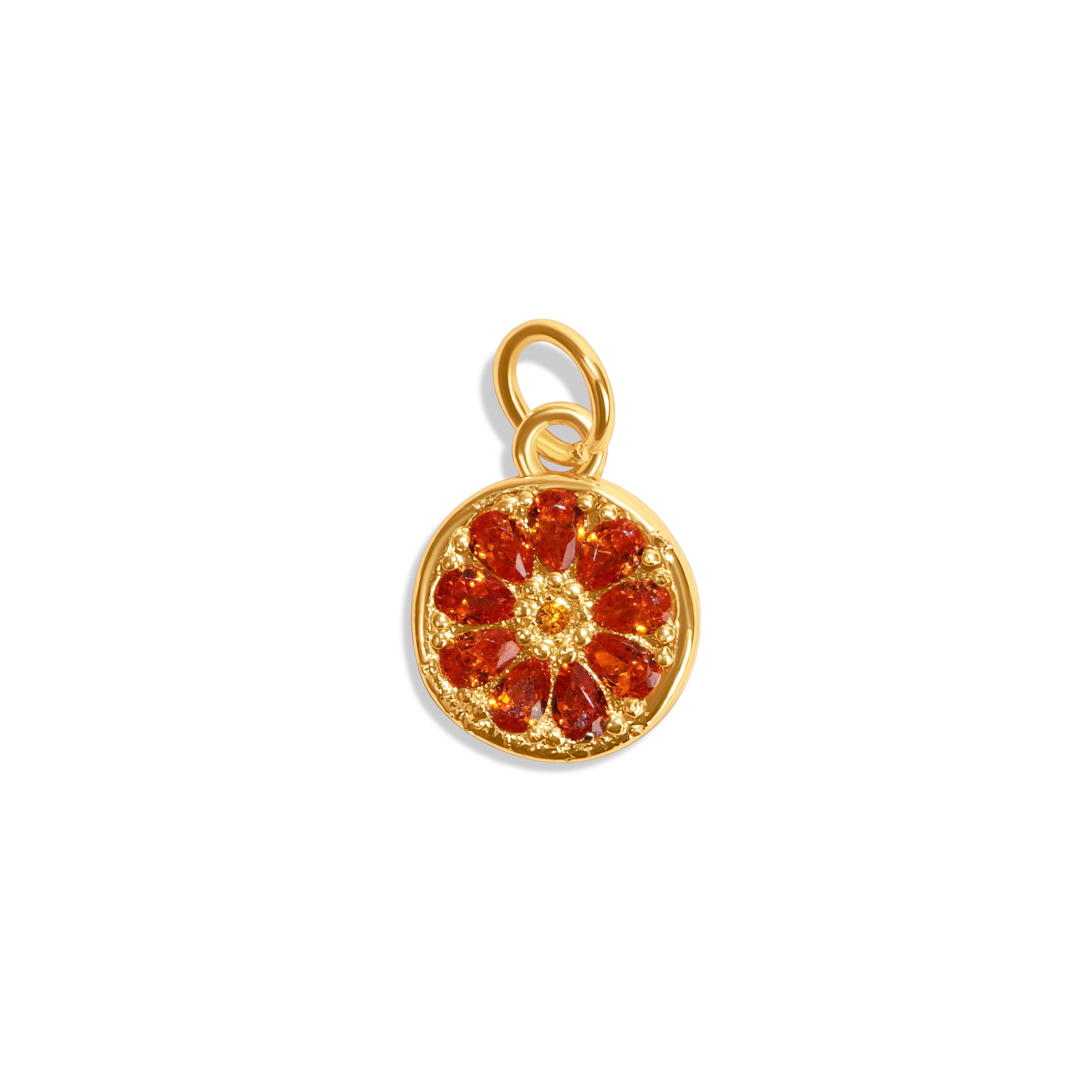 Runder Grapefruit-Charm aus 18K vergoldetem Edelstahl mit leuchtend strahlend orangenen, gelben und roten Zirkoniasteinen – spritziges Sommermotiv.