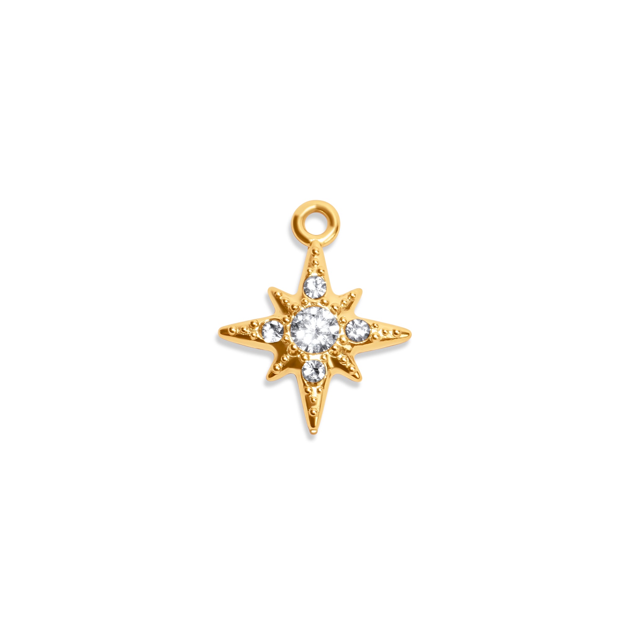 	Charm in Sternform mit Zirkoniasteinen – 18k vergoldeter Edelstahl, funkelnde Zirkoniasteine in Sternform gefasst.