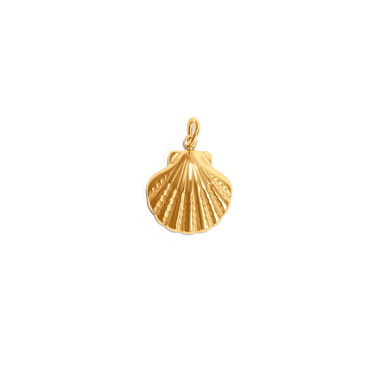 Goldener Muschel-Charm aus Edelstahl mit 14K-Vergoldung, detailreiche Struktur, maritimer Schmuckanhänger.