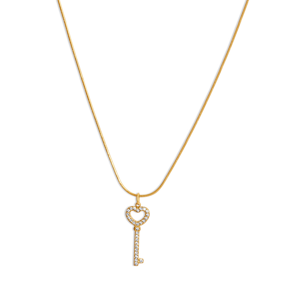 Feine Ankerkette mit Schlüssel-Anhänger – 14K vergoldeter Edelstahl, Schlüssel mit Herzchenform und besetzten Zirkoniasteinchen als Anhänger, polierte Oberfläche.