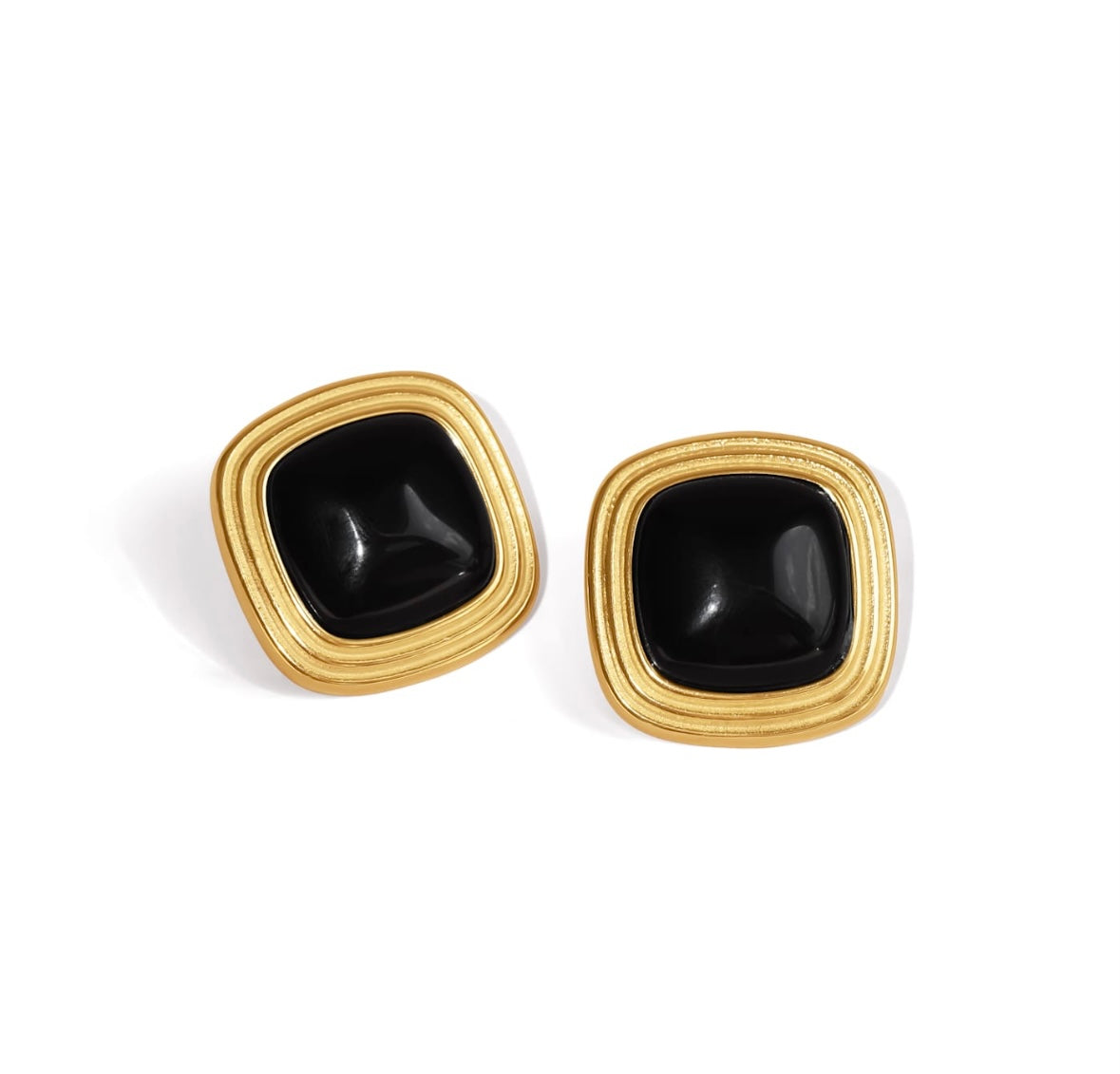 Elegante retro vintage Ohrstecker aus 316L Edelstahl, 18K vergoldet, mit schwarzem Onyx-Look - wasserfest Schmuck.