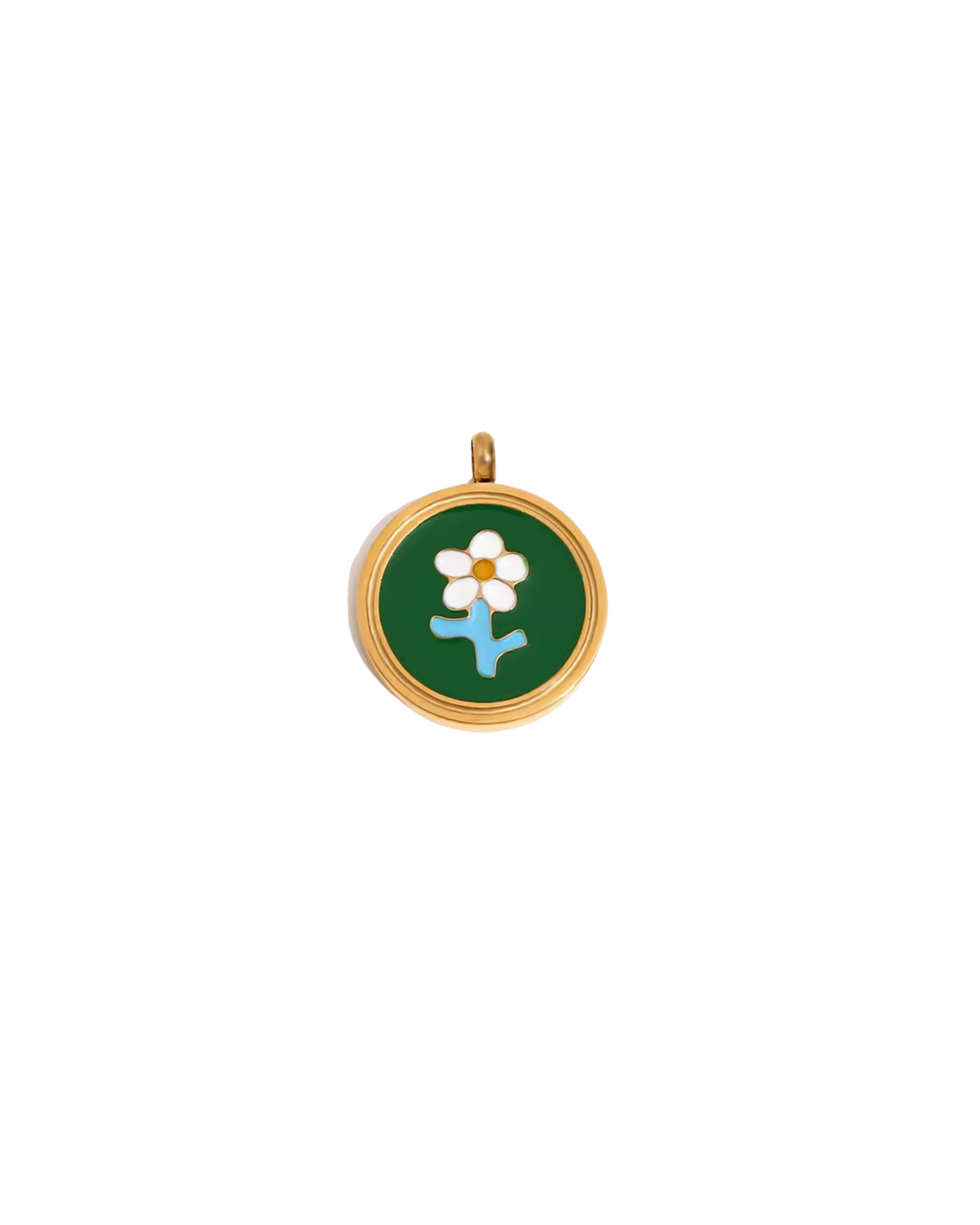Emaille-Charm in Dunkelgrün mit weiß-gelber Blume, 18K vergoldeter Rand, charmantes Retrodesign.