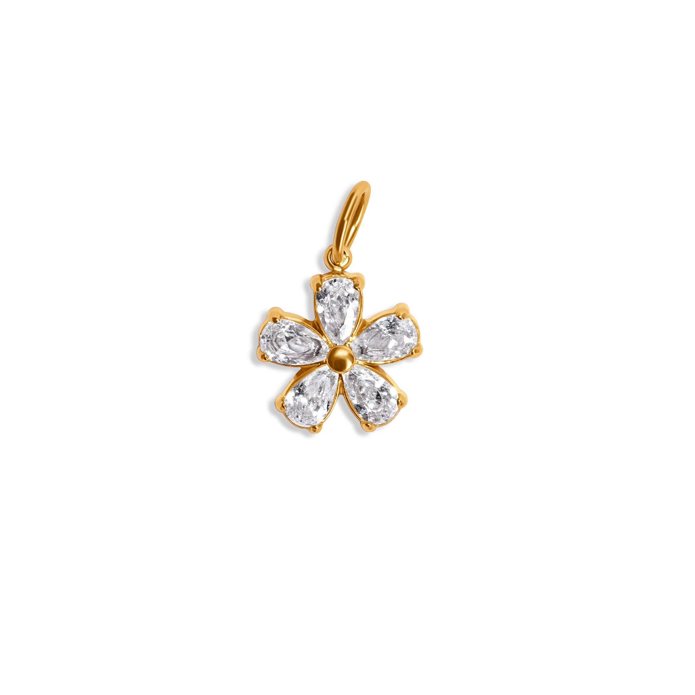 Blüten-Charm aus vergoldetem 18K Edelstahl mit fünf klaren Zirkoniasteinen, funkelnder Blütendesign-Anhänger.