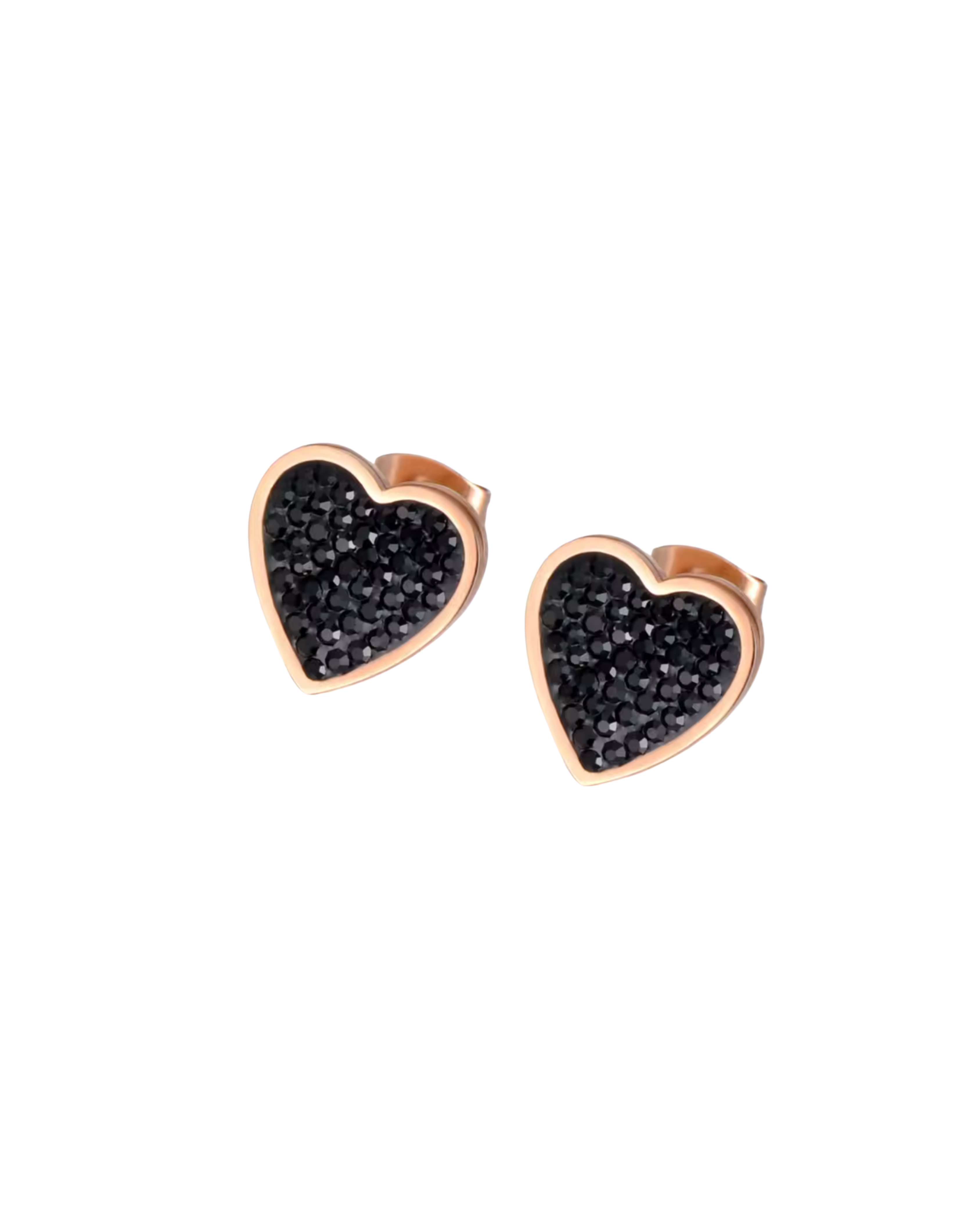 Schwarze Herz-Ohrstecker aus 316L Edelstahl, rosévergoldet, besetzt mit original Austrian Crystal Steinen - funkelnder, wasserfester Schmuck.