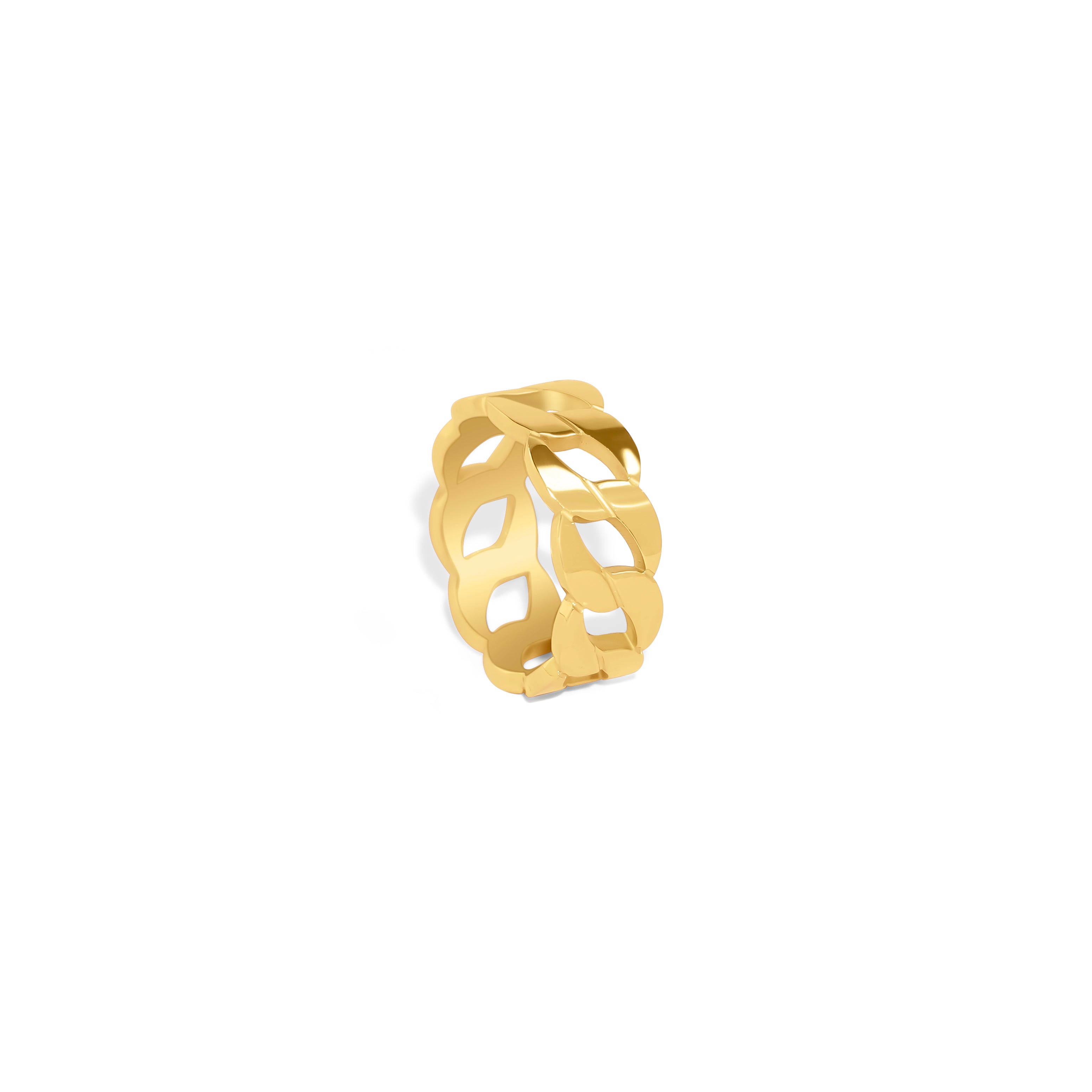 Breiter vergoldeter Edelstahl-Ring mit offenem, organisch wirkendem Gliederdesign.
