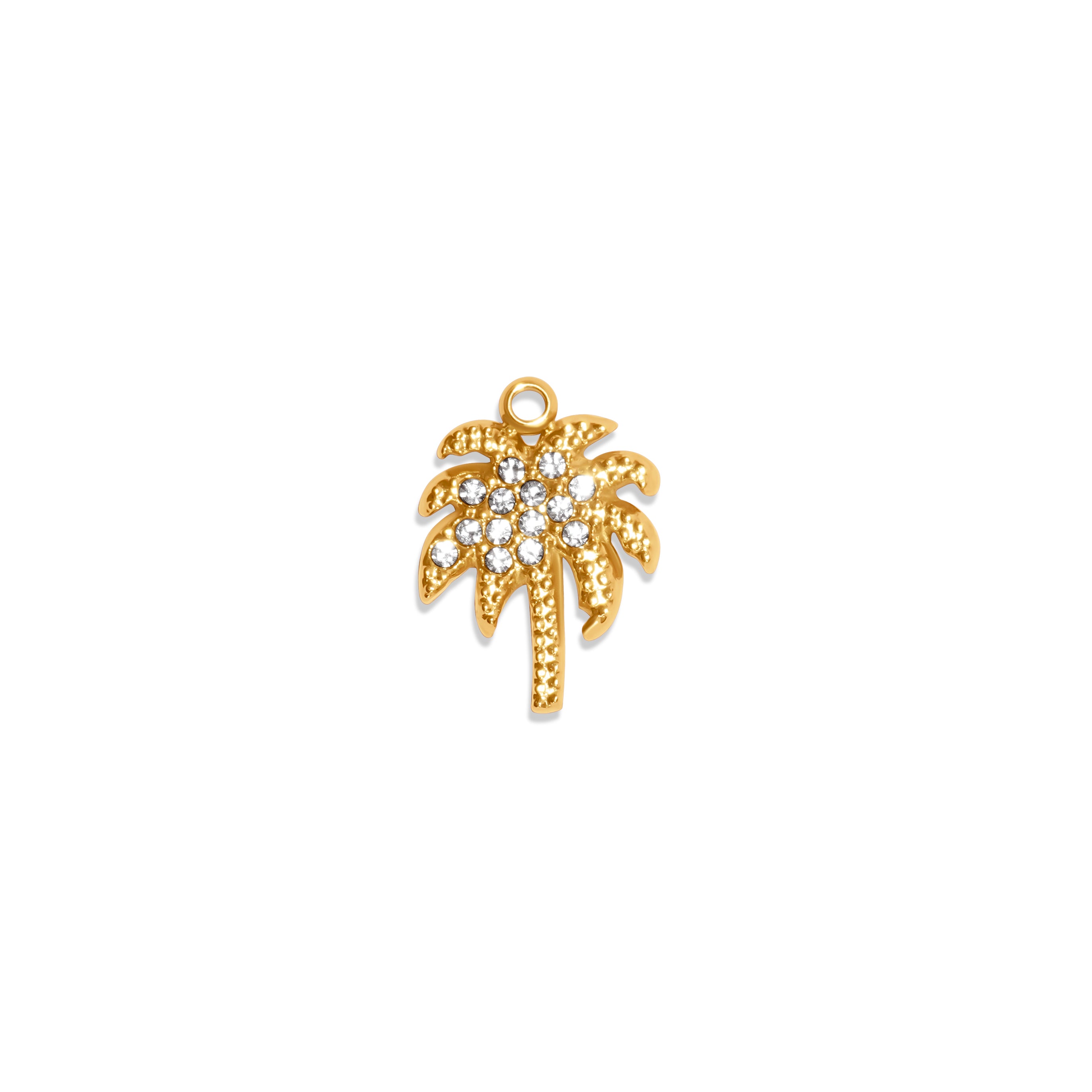 Palmen-Charm aus 18K vergoldetem Metall mit klaren Zirkoniasteinen, tropisches Schmuckmotiv.